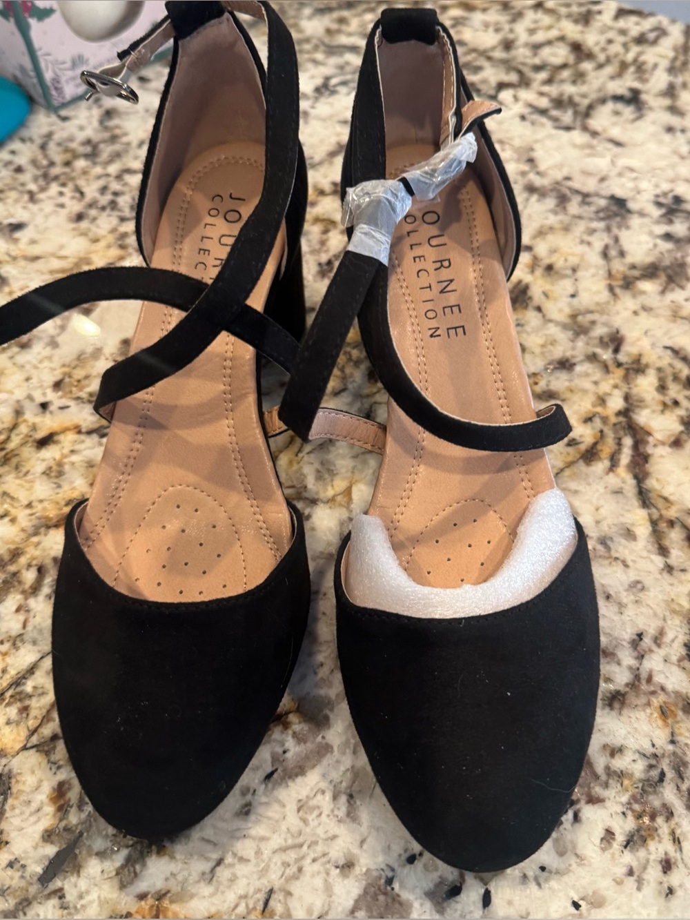 Journee Collection Black Suede Crisscross Ankle Strap Heels